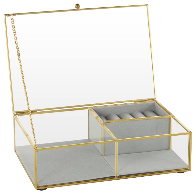 Glass Decorative Jewelry Box with Gold Metal Frame and Gray Fabric Interior with Ring Slots - Clear - Roche River Decor
