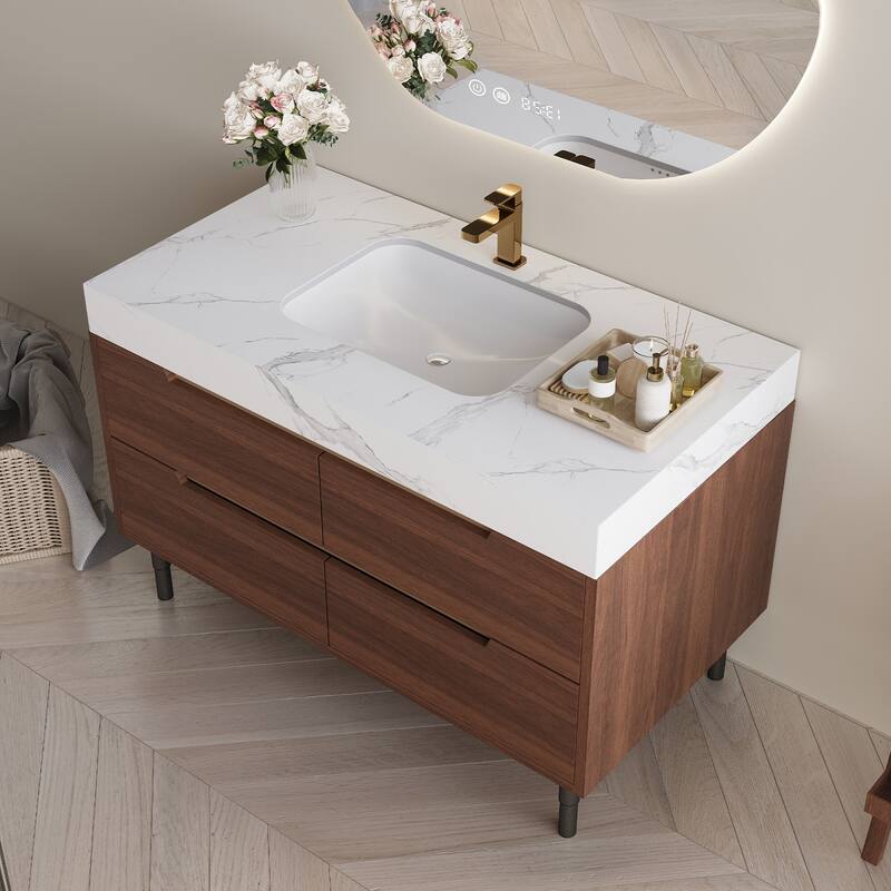 GDFStudio - Luxury 35.4" Versatile Floating/Freestanding Sintered Stone Bathroom Vanity with Ceramic Sink & Soft-Close Drawers