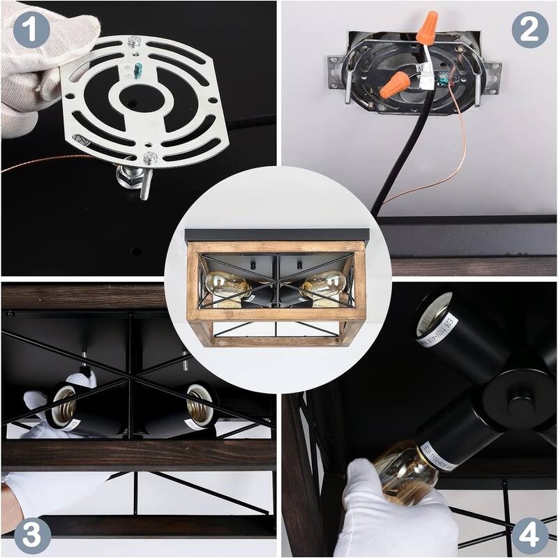 Wooden Flush Mount Ceiling Lights, 4-Light Farmhouse Close to Ceiling Lighting Fixtures Black Ceiling Lamp