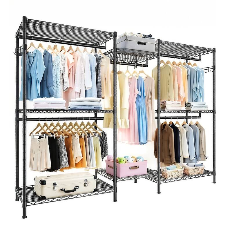 Heavy Duty Garment Rack,Freestanding Portable Clothes Rack,Adjustable Wire Rack with 8 Adjustable Shelves and 5 Clothes Rails - Black