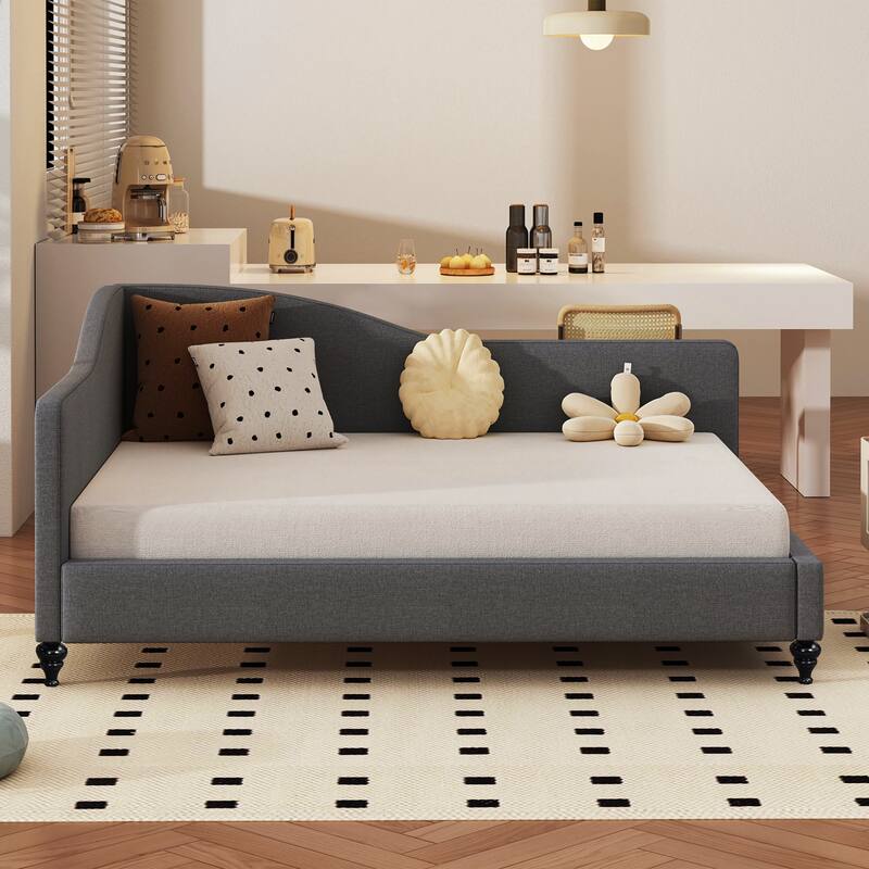Twin/Full Size Upholstered Daybed, Linen Fabric Sofa Bed with Solid Wood Legs and L Shaped Backrest, Solid Wood Bedframe - Gray - Full