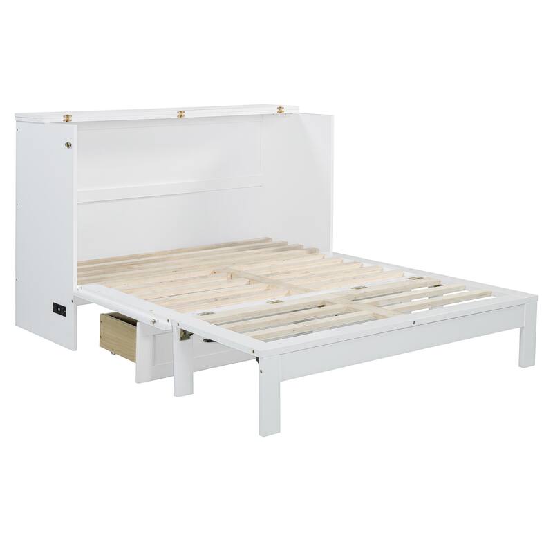 Space-Saving Full Murphy Bed with Drawers & Rattan Finish, Includes USB Port, Perfect for Multifunctional Rooms