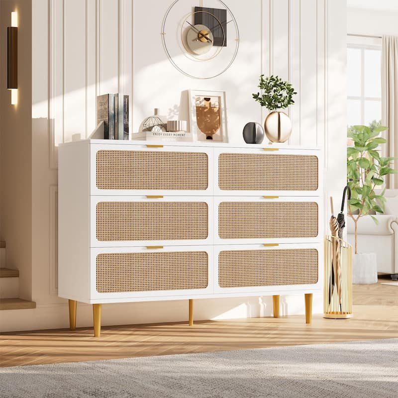 Rattan 6 Drawer Dresser for Bedroom, Large Double Dresser with Deep Drawers