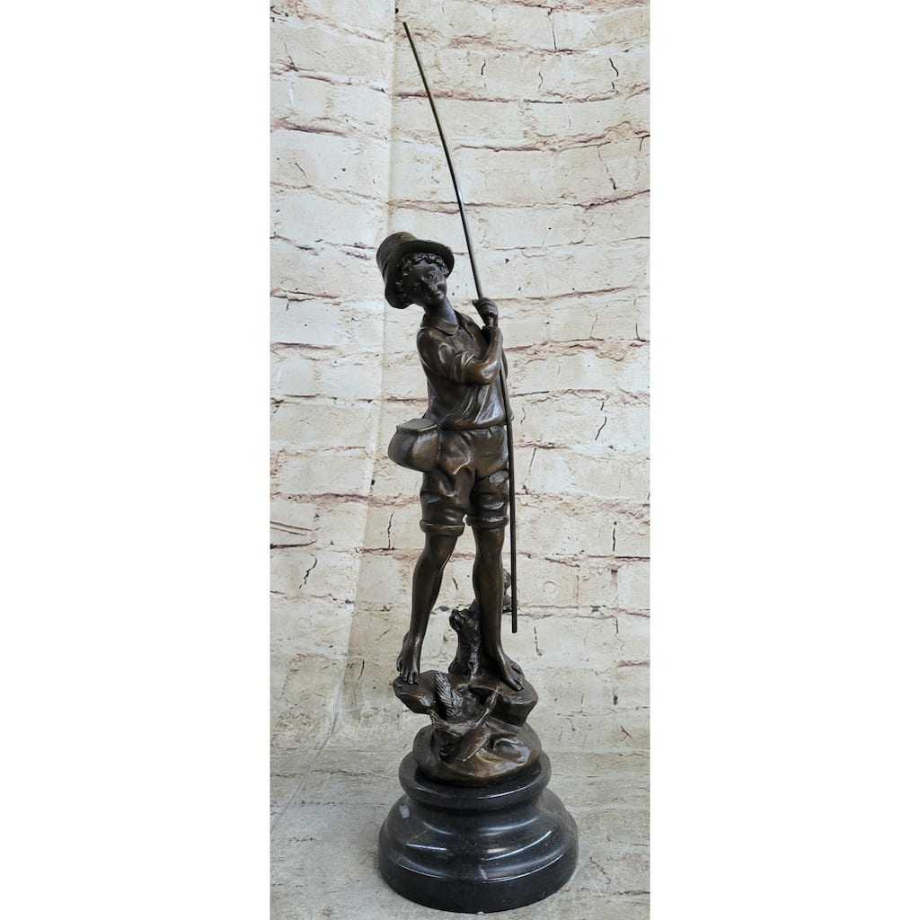 Signed Original Milo Boy Imitative Fishing With Duck Bronze Sculpture Statue Figurine Art