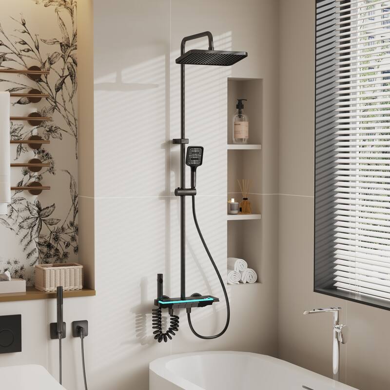 Shower System with LED Temperature Display, 4 Function Piano Button Shower Panel with Rainfall Shower Head, Handheld Shower