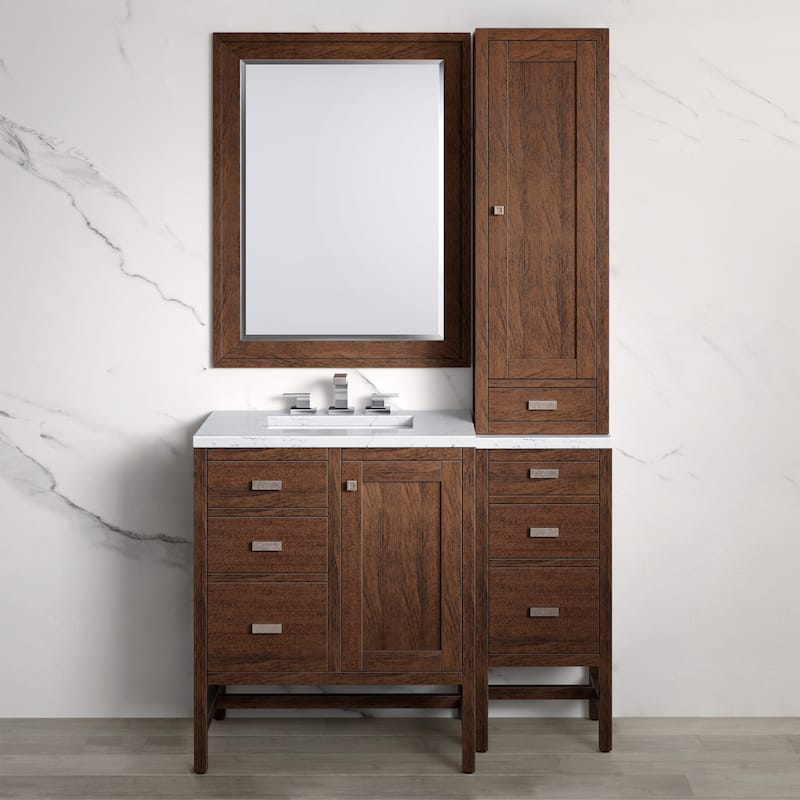 James Martin Addison 45" Single Sink Bathroom Vanity Set, Mid-Century Acacia with 3 cm Eternal Jasmine Pearl Quartz Top
