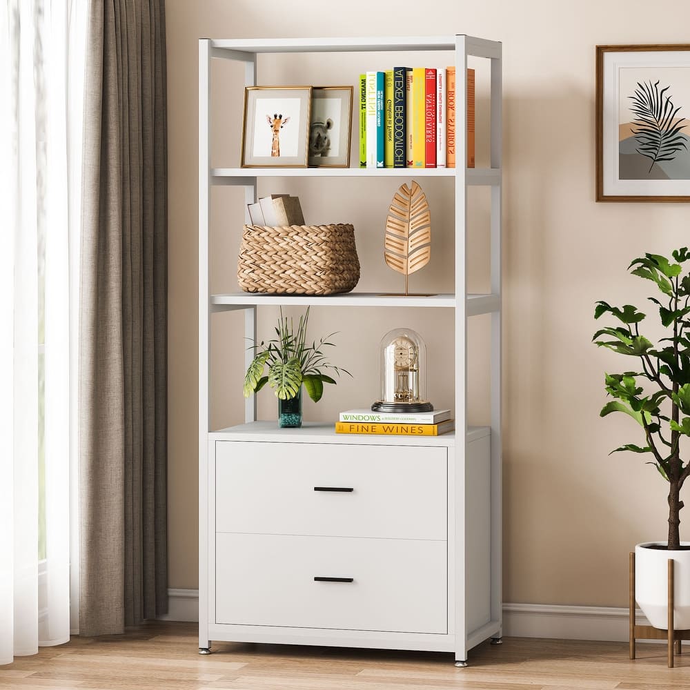 4-Tier White Bookshelf with 2 Drawers, Etagere Standard Book Shelves Display Shelf for Home Office - 60”H x 23.6”L x 15.7”W