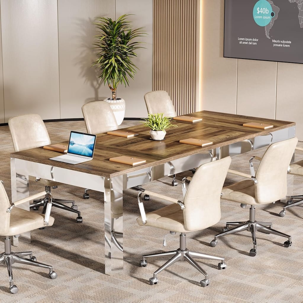 6.5 FT Conference Table, 78 inch Modern Rectangular Meeting Table with Mirrored Metal Legs
