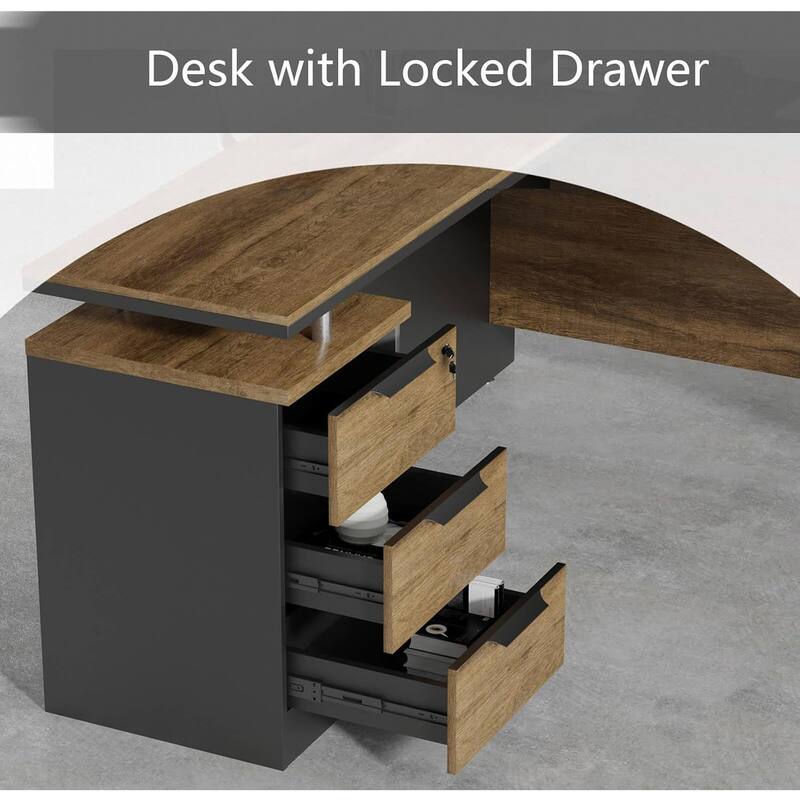 WESOME 63-inch L Shaped Executive Desk, Industrial Modern Office Desk with 3 Storage Drawers