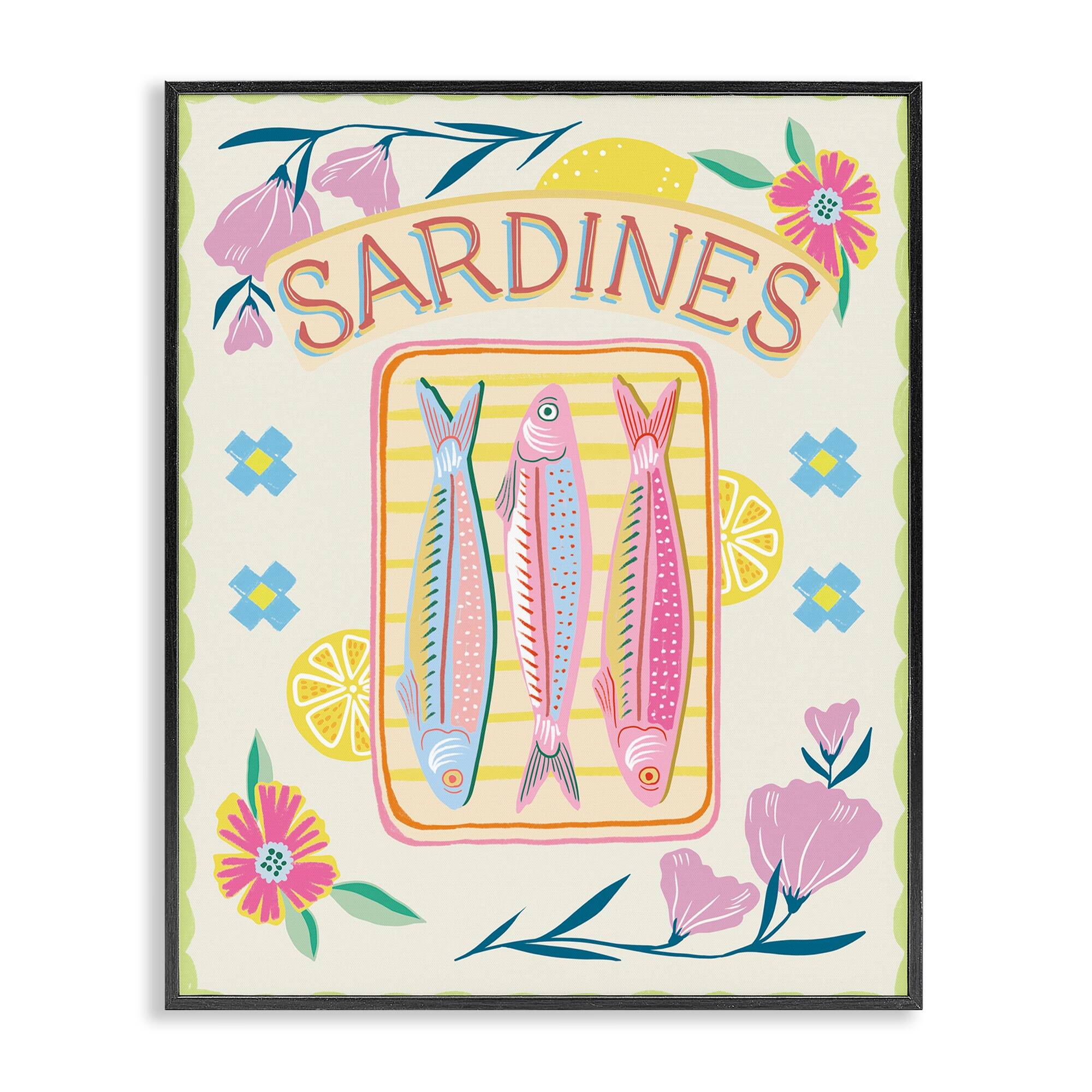 Stupell Pastel Sardines & Flowers Framed Giclee Art Design By Jo Reid
