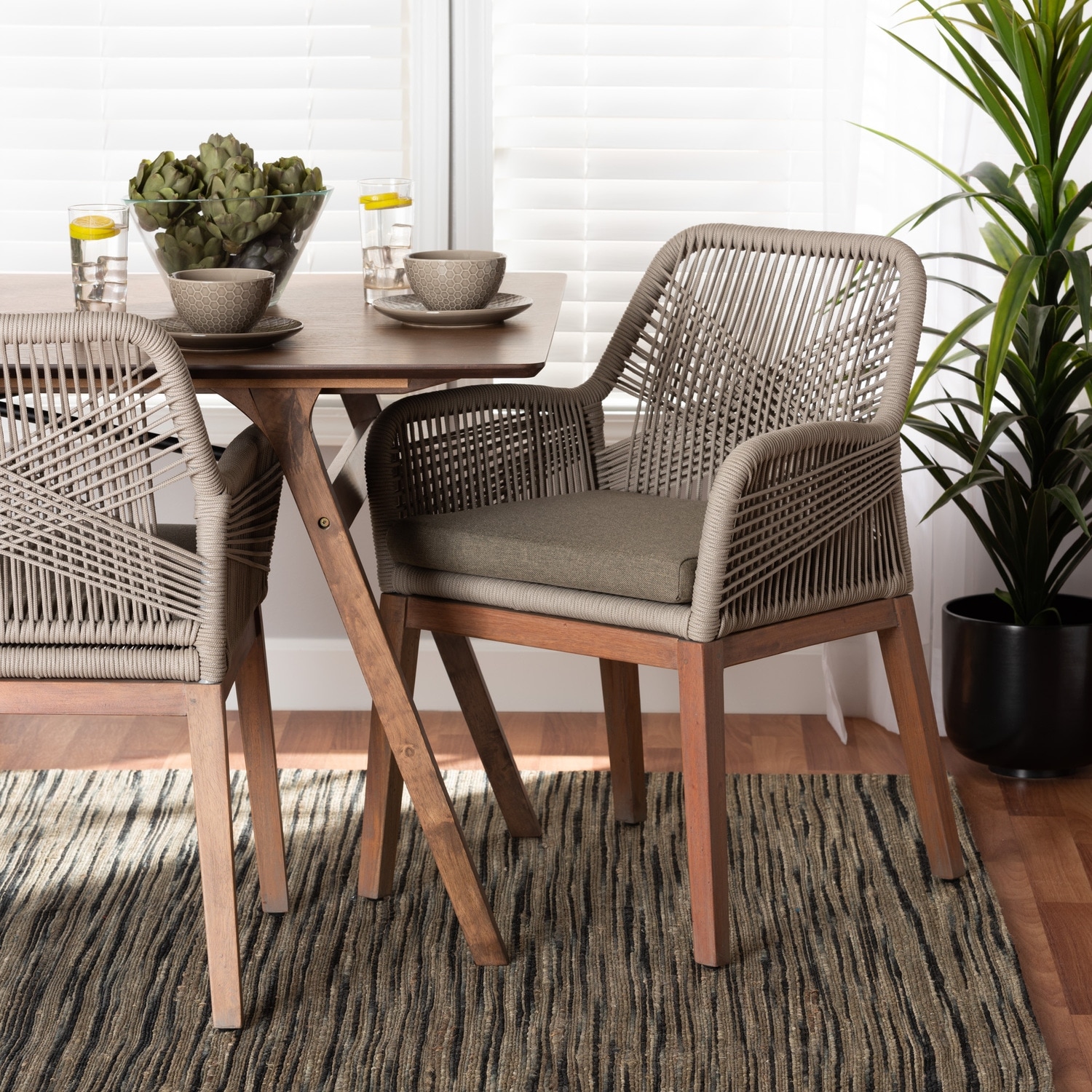 Modern Dining Chair - Grey Woven Rope Mahogany Armchair - Mid Century Transitional Style