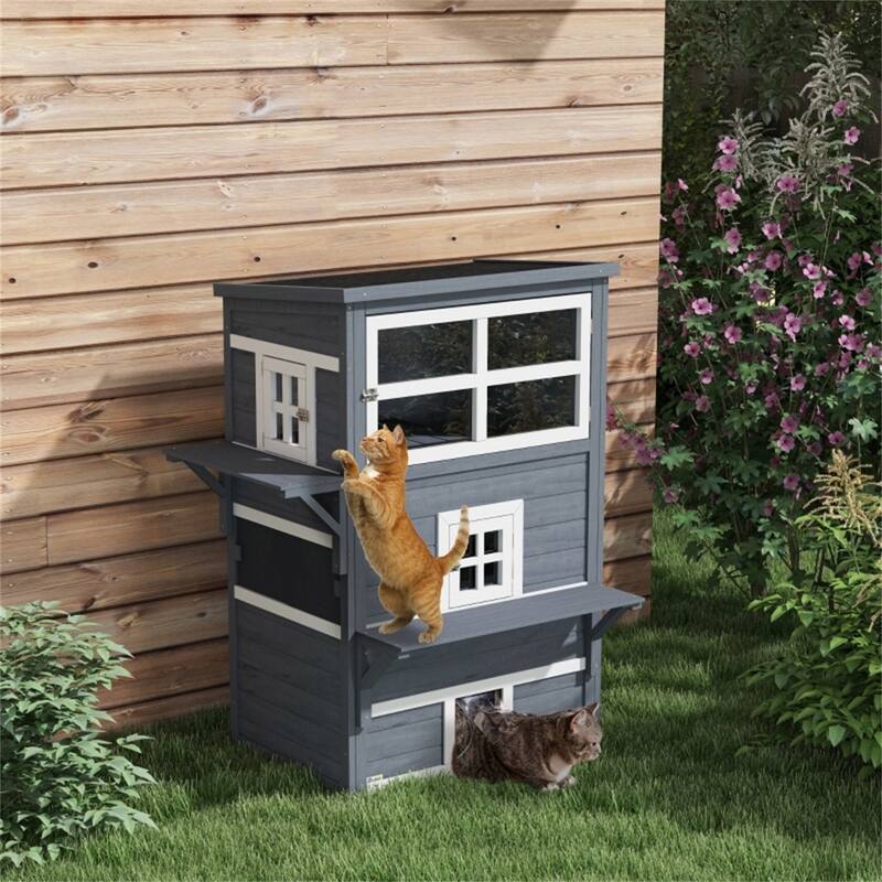 Durable Cat House with 5 Doors, Escape Door, and Jump Platform for Indoor and Outdoor Use - 36.75" L x 26.5" W x 46" H - Dark-Blue-White-Black