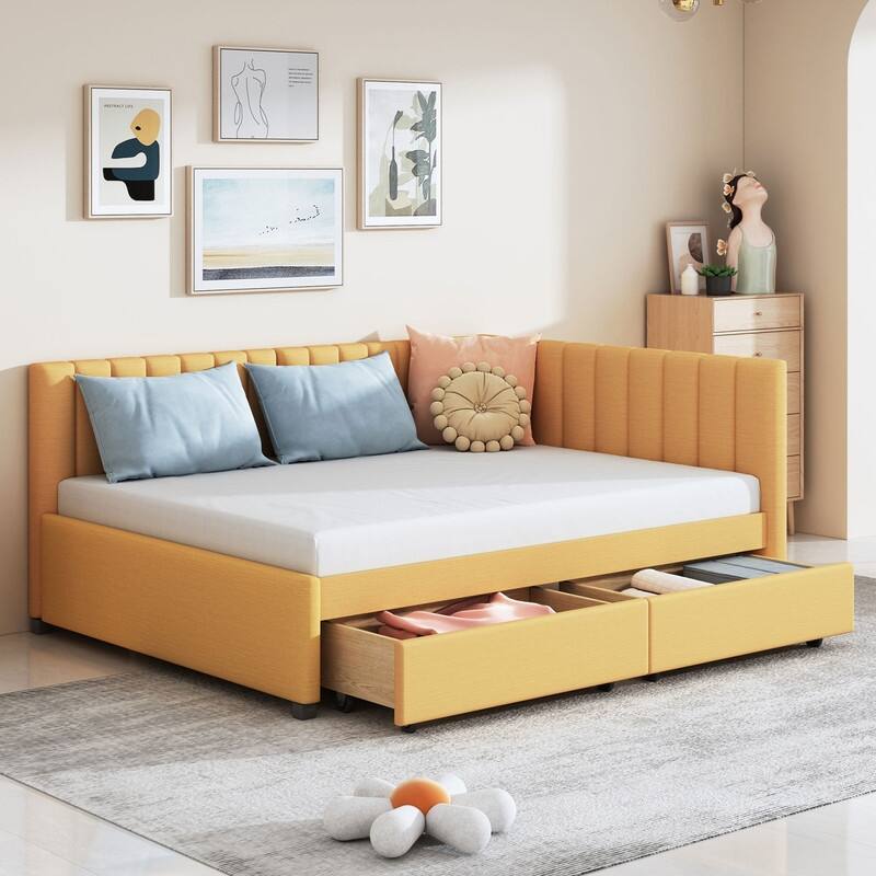 Full Size Linen Upholstered Daybed with 2 Storage Drawers, Sofa Bed - Yellow
