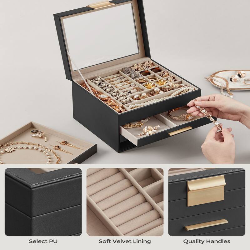 Modern Jewelry Organizer with Multiple Drawers Glass Top and Velvet Interior for Storage