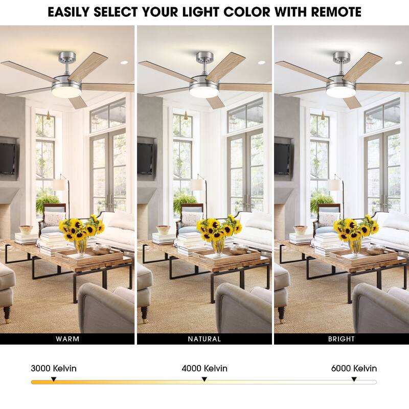 48" Modern Wood Reversible 5-blade Brushed Nickel LED Ceiling Fan with Remote