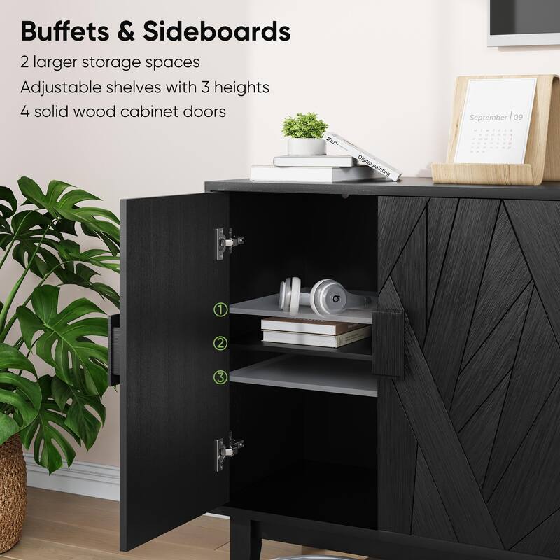 Anmytek Modern Black Sideboard Buffet Cabinet with Geometric Carved Doors Adjustable Shelves Solid Wood Legs for Dining Room
