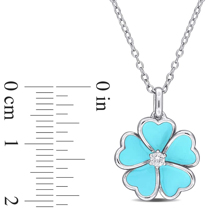 Miadora 1/10ct TGW White Topaz Light Blue Enamel Plated Flower Pendant with Chain in Sterling Silver