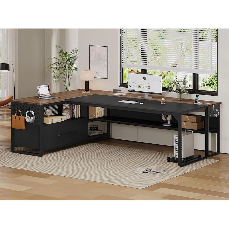 Executive Desk L Shaped Desk File Drawers Power Outlets Computer Desk - File Drawer - Walnut