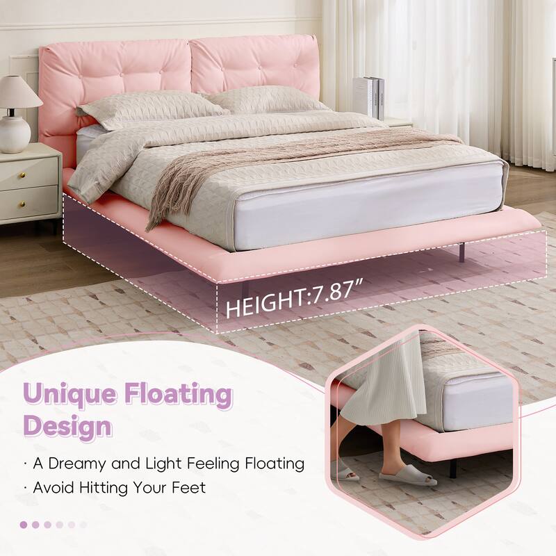 Queen Size LED Upholstered Bed Frame with Floating Design, PU Leather Headboard, Easy Assembly, No Box Spring Needed, Pink