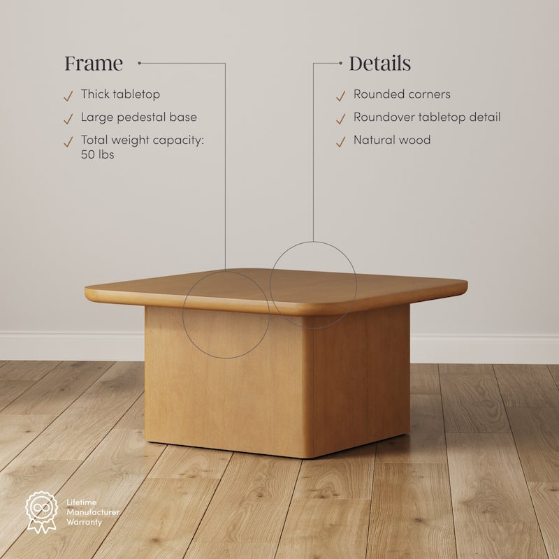 Rein Organic Modern Coffee Table, Rustic Wood Square Coffee Table with Rounded Edge