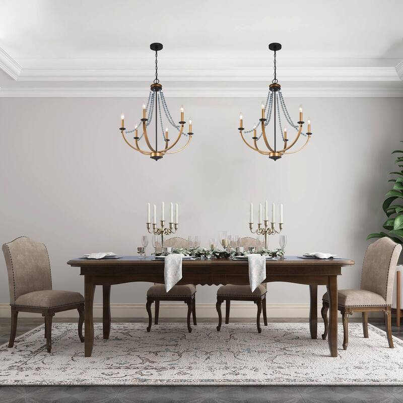 Mid-century Modern 6-Light Empire French Country Boho Dining Room Chandelier with Crystal Beads - D25" x H28.5"