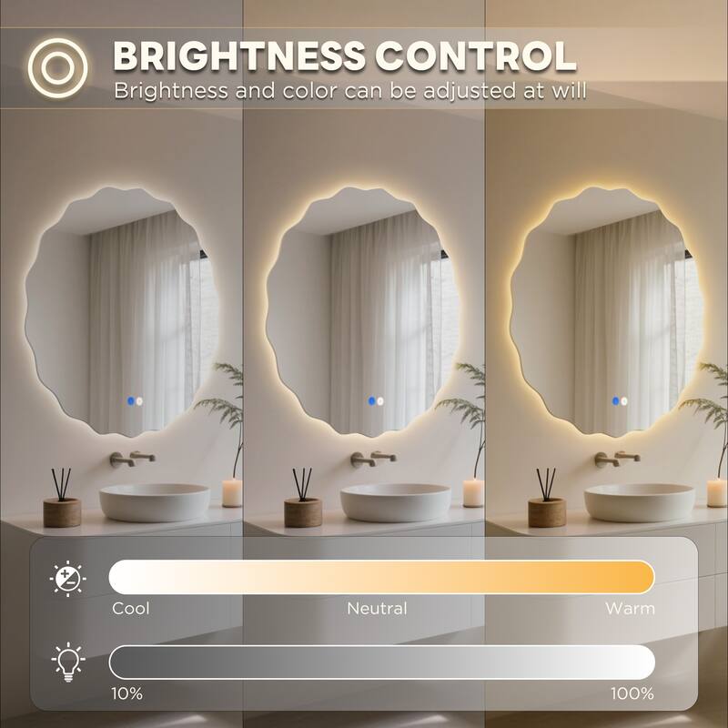 Round Frameless Dimmable LED Light Anti-Fog Wall Bathroom Vanity Mirror