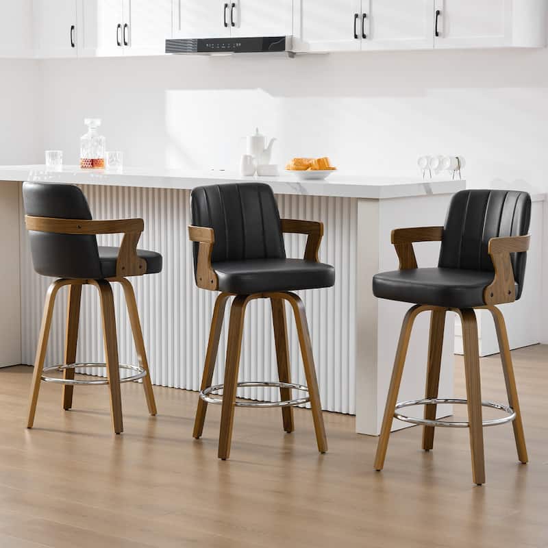 Upholstered Swivel Barstool with Arms and Bentwood Legs - 40.8"H x 18.9"W x 19.5"D/19.3"D - Set of 3 - Black