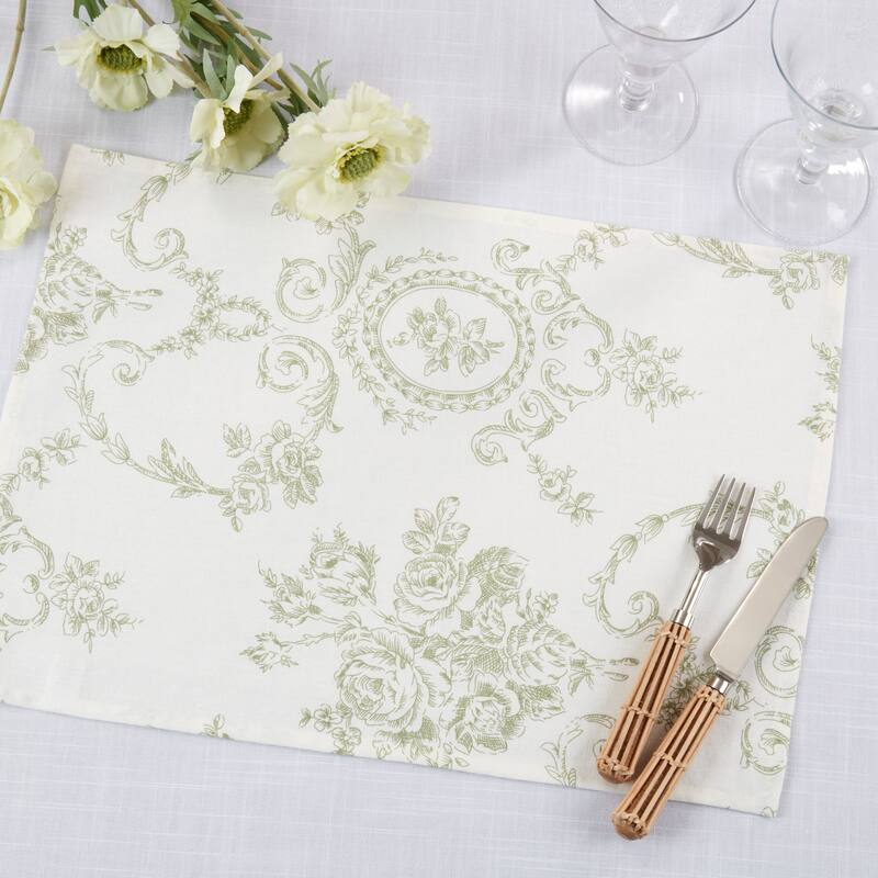 Toile Linen-Blend Placemats (Set of 4) - Vintage Floral Print for Dining Tables & Layered Place Settings, 14"x20"