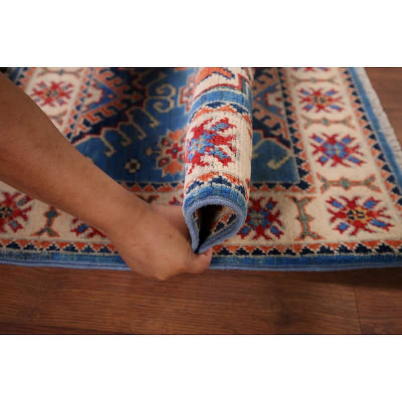Blue Kazak Oriental Accent Rug Hand-Knotted Wool Carpet - 2'0" x 3'1"