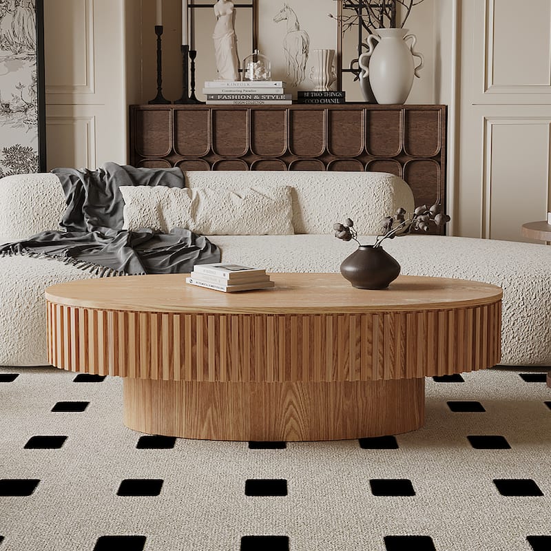 Modern Solid Wood Veneered Round/Oval Coffee Tea Table with Storage