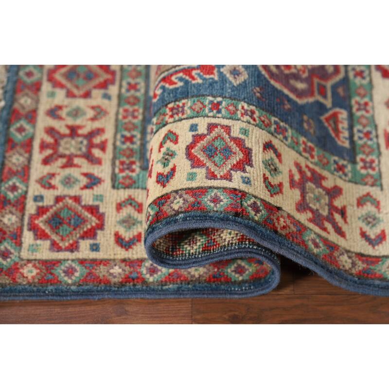 Blue Geometric Kazak Foyer Rug Handmade Wool Carpet - 2'0" x 3'0"