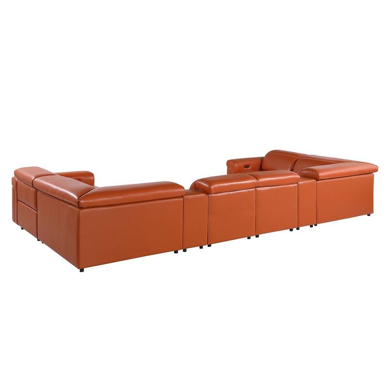 HomeRoots Camel Italian Leather Power Reclining U Shaped Eight Piece Corner Sectional With Console