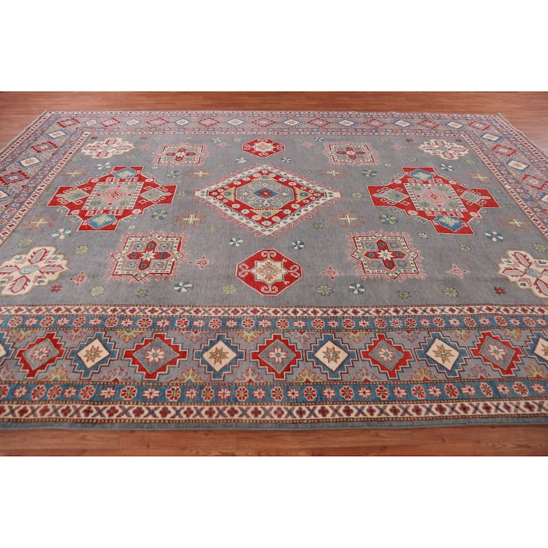 Hand Knotted Oriental 100% Wool Carpet Traditional Geometric Greys & Charcoal Kazak Area Rug - 13' 7'' X 9' 10''
