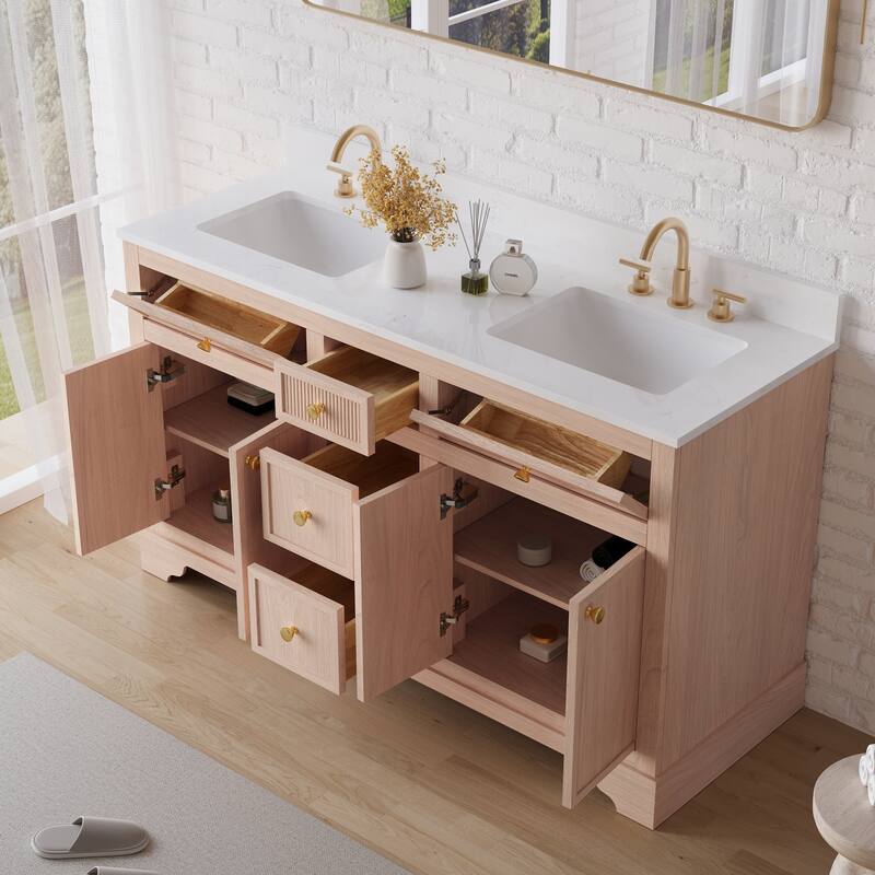 35''H Bath Solid Wood Vanity with Stain-resistant Carrera White Quartz Top And Single Sink
