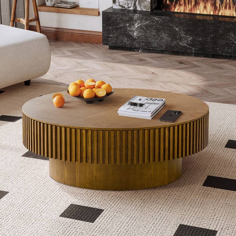 39.37" Round Coffee Table with Storage Solid Wood Veneered Modern Accent Table for Living Room or Bedroom - Brown