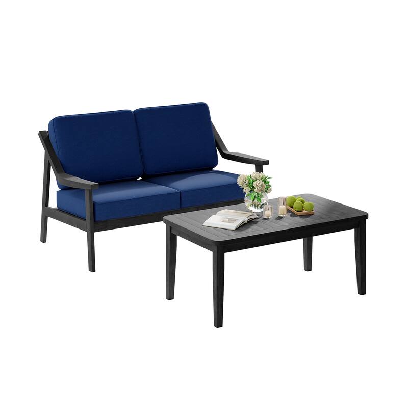 2-piece Brown/ Black Teak Cushioned Patio Loveseat Set with Coffee Table