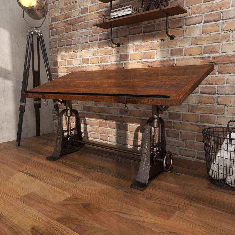 Teak Wood Drafting Style Desk with Tilting Top and Crank Height Adjustment - Brown - Roche River Decor