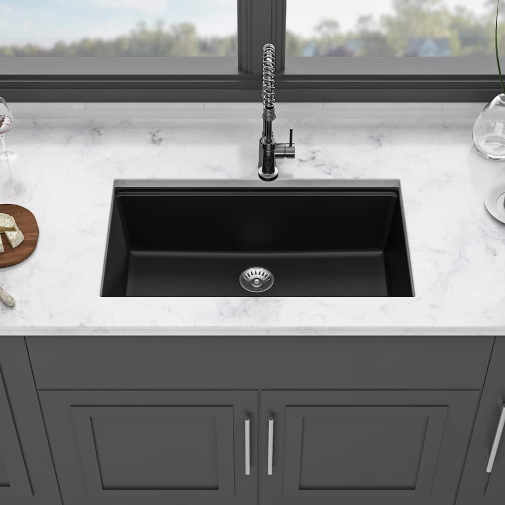 Undermount Single Bowl Quartz Kitchen Sink in Black