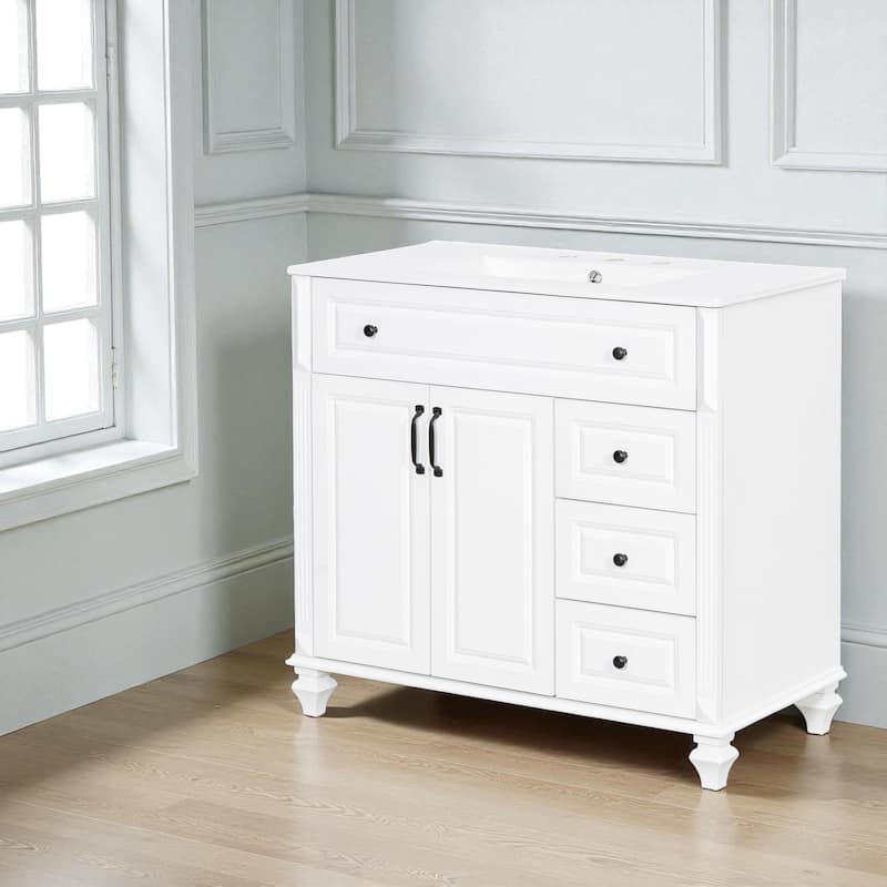36-Inch Solid Wood Bathroom Vanity with Ceramic Sink, Flip Drawer, 3 Drawers and 2 Doors, Freestanding MDF Cabinet