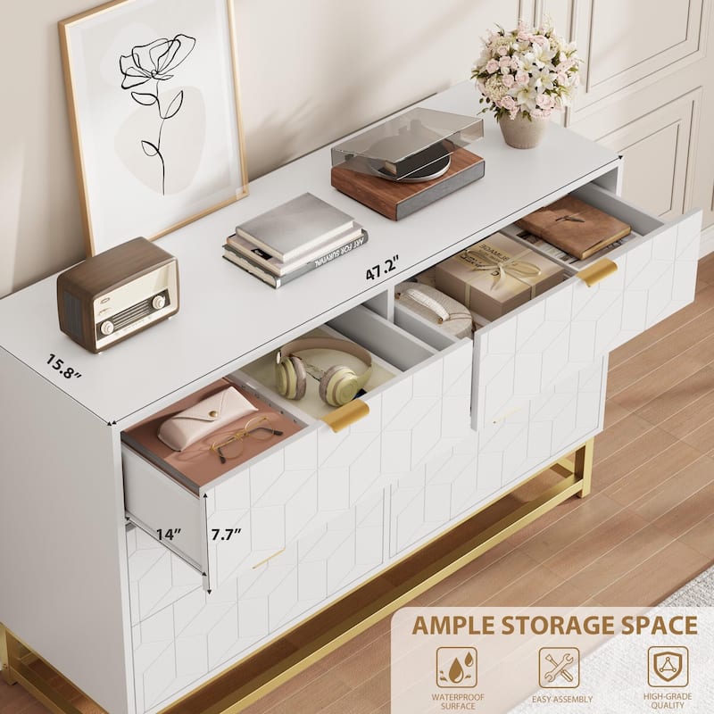 6 Drawer Dresser, with Gold Handles, for TV Stand & Closet
