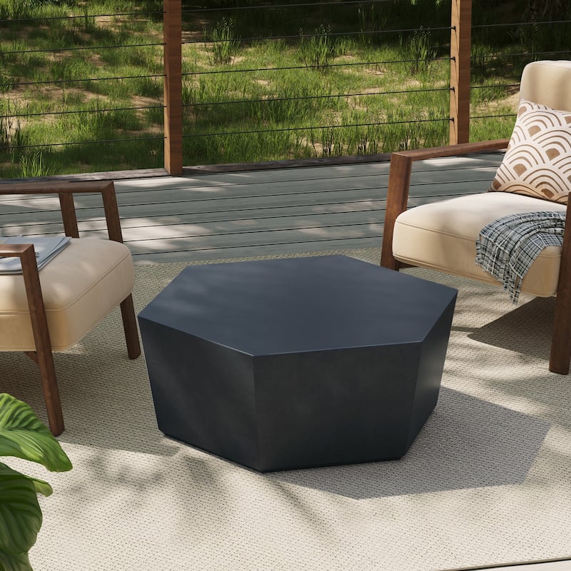 35-Inch Outdoor Side Table, Magnesium Oxide Hexagonal Coffee Table with Rain Cover - Grey