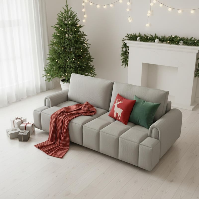 Homy Casa 90.2" 4-Seater Modern Teddy Fabric Convertible 3 in 1 Sofa Bed with Storage, King Size Sleeper Sofa - Grey