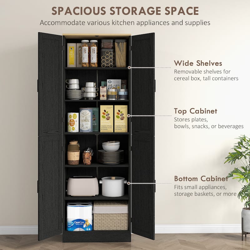 6-Tier Kitchen Pantry Cabinet with Adjustable Shelves and Recessed Doors Metal Handles - 23.5" W x11.75" D x 67.25" H