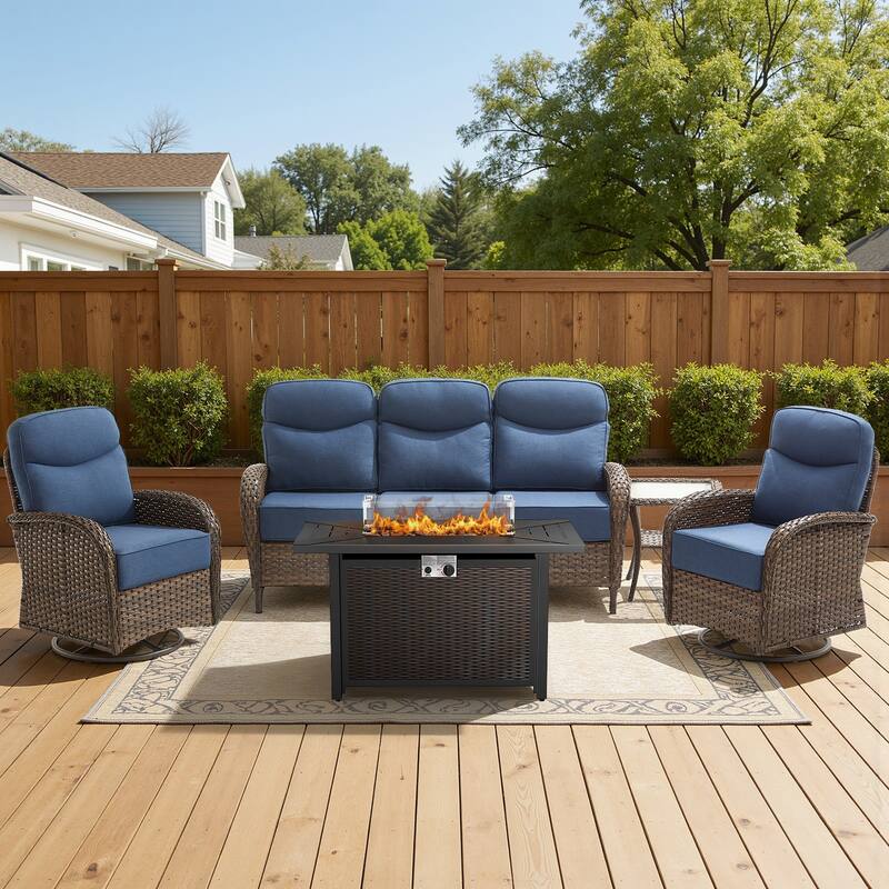 Luna 5-Piece Wicker Outdoor Patio Fire Pit Sofa Set with 6-Inch Thick Cushions - Navy Blue Cushions - Brown Wicker