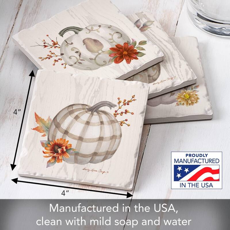 Chinoiserie Fall Pumpkins Multi-Image Absorbent Stone Coaster 4 Pack with Protective Cork Backing Manufactured in The USA