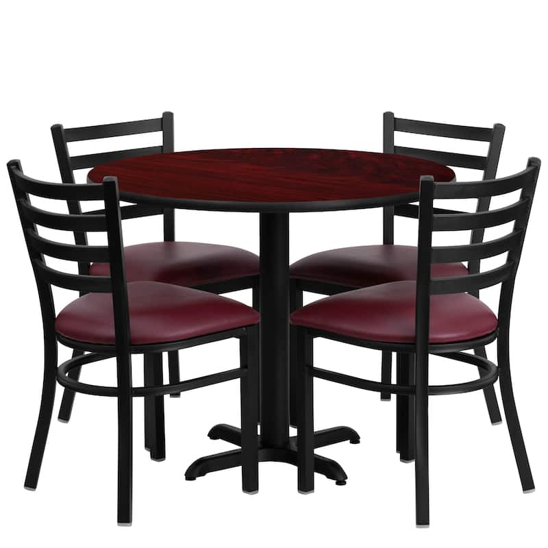 36'' Round Laminate Table Set with X-Base and 4 Ladder Back Metal Chairs - Mahogany Top/Burgundy Vinyl Seat
