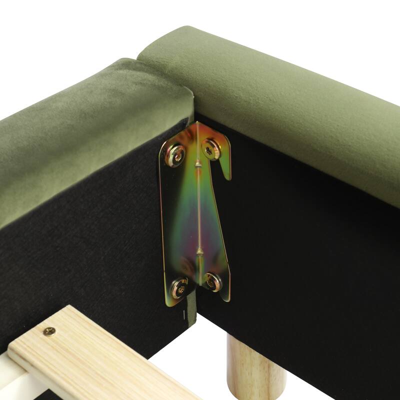 Queen Size Platform Bed with Velvet Fabric, Upholstered Bed with Curve Design Thick Headboard, Olive Green