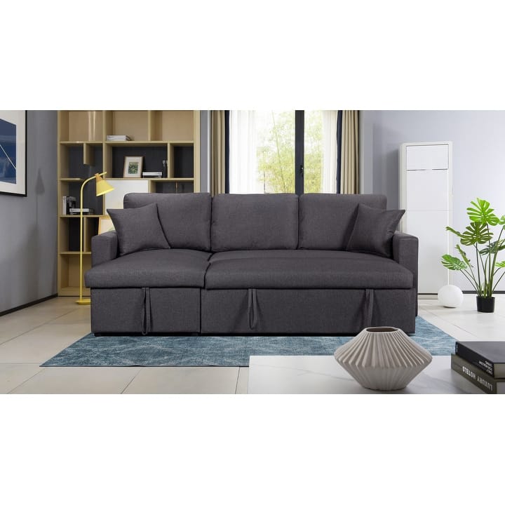 Paisley Linen Fabric Reversible Sleeper Sectional Sofa with Storage