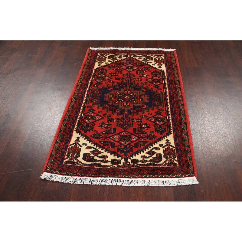 Geometric Hamedan Persian Area Rug Wool Handmade Foyer Carpet - 3'2" x 4'11"