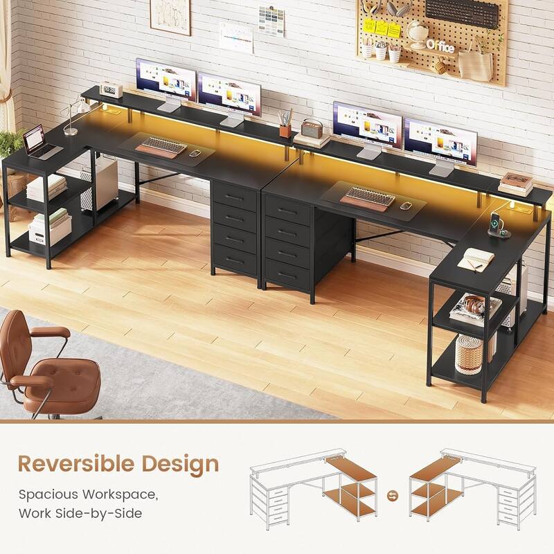 L Shaped Desk with 4 Drawers and Storage Shelves Gaming Desk
